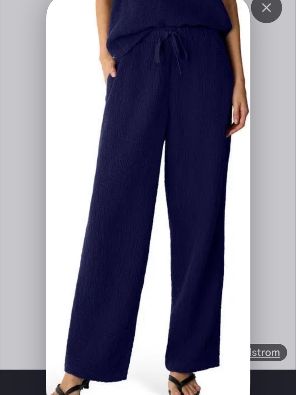 Eileen Fisher Navy Wide-Leg Drawstring Linen/Cotton Blend Pants Relaxed Fit Sz M